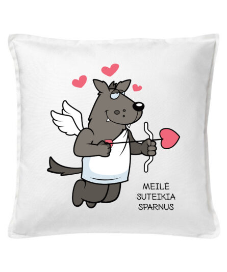 Balta pagalvėlė su spauda Meilė suteikia sparnus