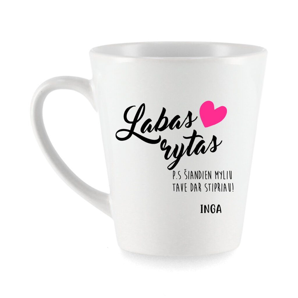 Baltas puodelis late kavai Labas rytas