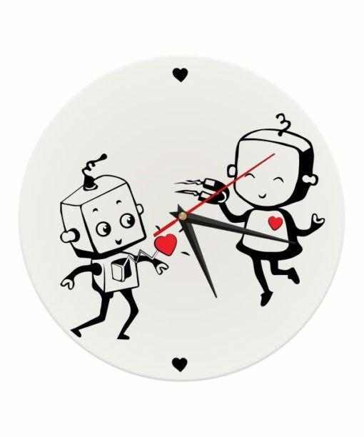 Apvalus, plastikinis sieninis laikrodis "Robotukų meilė" , valentino dienos dovana, laikrodis su spauda, dovana merginai