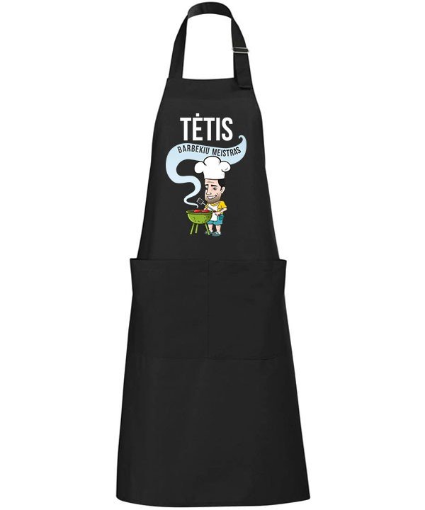 Universali, ilga prijuostė su spauda "Tėtis barbekiu meistras" Juoda ilga prijuostė su kišenėmis ir spauda Tėtis barbekiu meistras