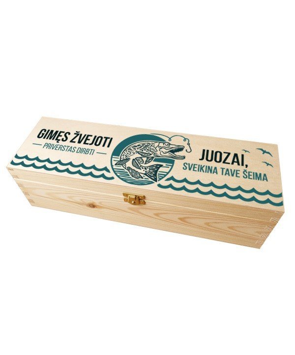 Horizontali medinė vyno dėžė su spauda “Gimęs žvejoti”