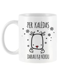 Baltas kaledinis puodelis su elniuku "Per Kalėdas darau ką noriu"