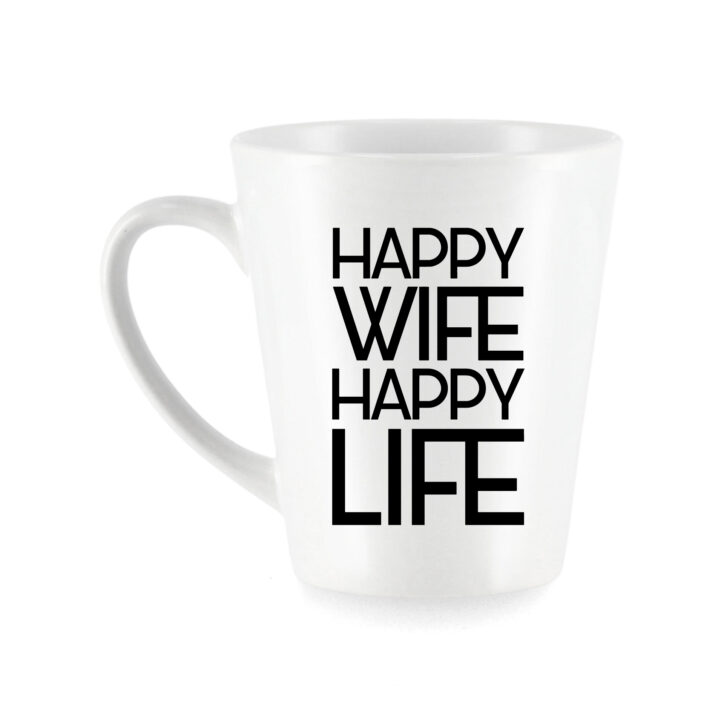 Didelis keraminis puodelis latte kavai Happy wife