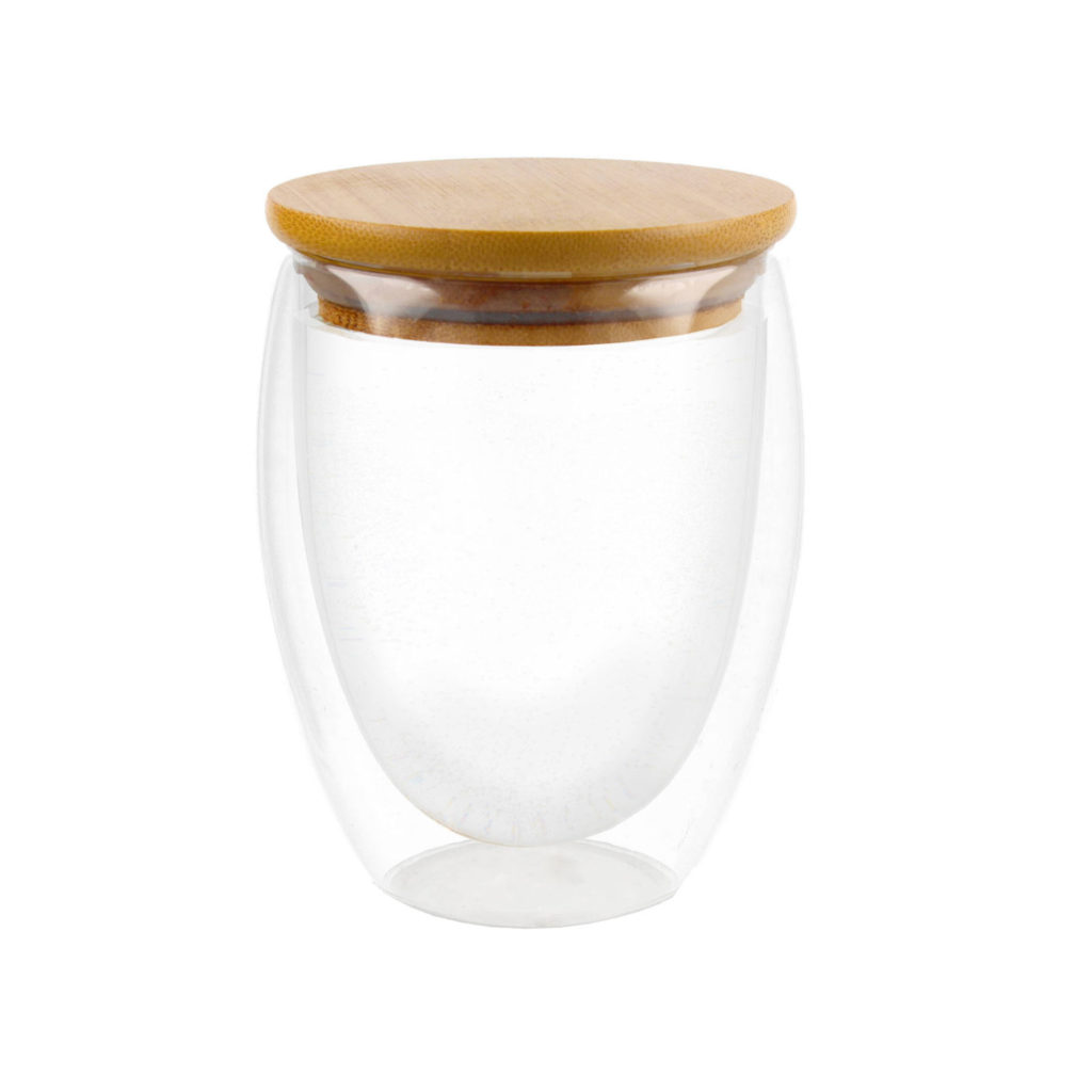 Dvigubų sienelių borosilikatinio stiklo puodelis su bambukiniu dangteliu