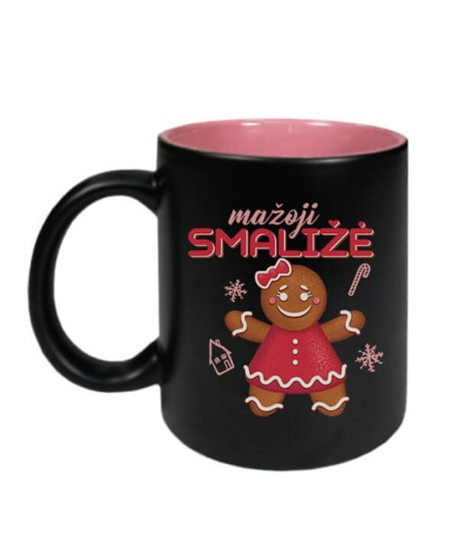Juodas rožiniu vidumi keraminis puodelis su kalėdine spauda Mažoji smaližė