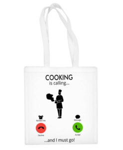 Baltas medžiaginis pirkinių krepšys moterims Cooking calling