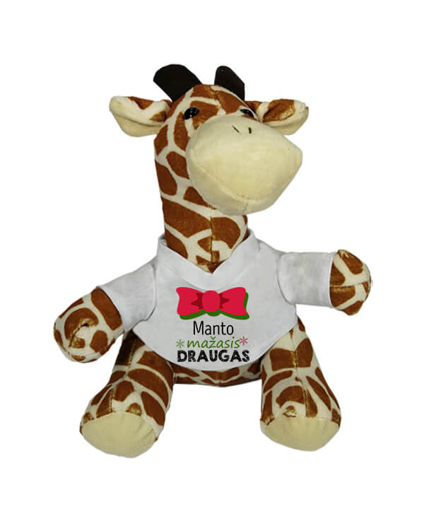 Pliušinė žirafa su marškinėliais ir spauda Mažais draugas