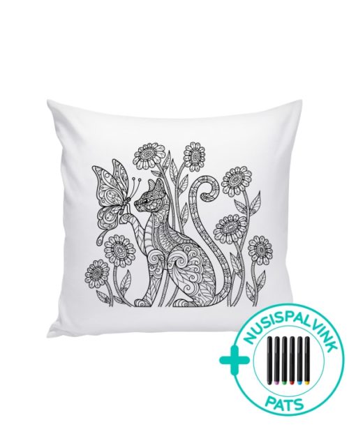 Balta dekoratyvinė pagalvėlė spalvinimui Katinas ir drugelis