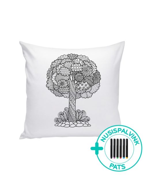 Balta dekoratyvinė pagalvėlė spalvinimui Medis