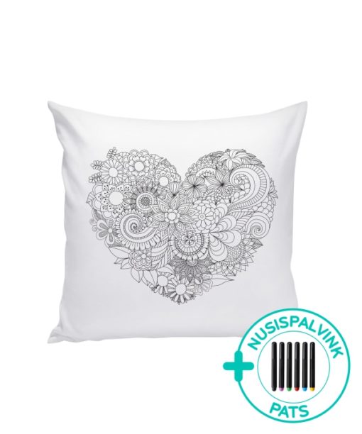 Balta dekoratyvinė pagalvėlė spalvinimui Širdutė