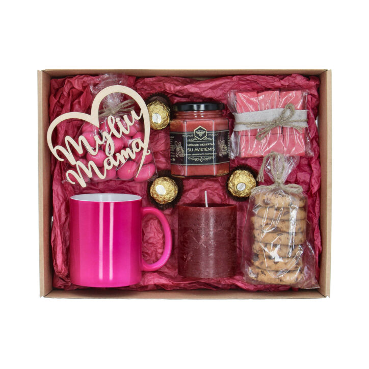 Dovanų rinkinys mamai su rožiniu magišku puodeliu ir saldumynais Rožinė dovana