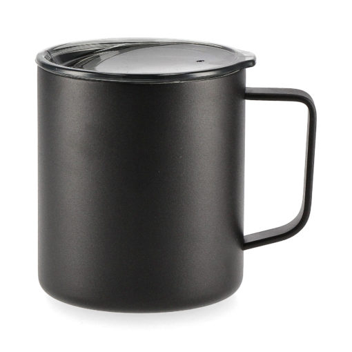 Juodas metalinis puodelis su dangteliu
