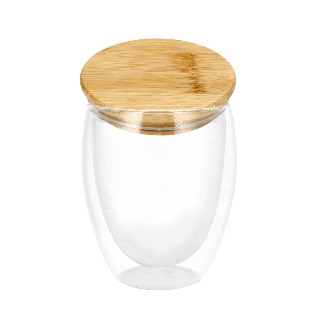 Dvigubų sienelių borosilikatinio stiklo puodelis su bambukiniu dangteliu