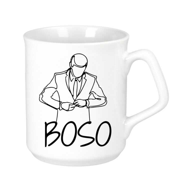 Elegantiško stiliaus baltas puodelis Boso rytas