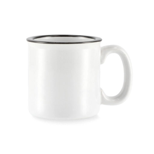 vintažinio stiliaus baltos keramikos puodelis juodu krašteliu