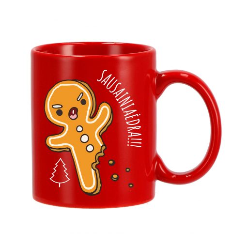 Raudonas keraminis puodelis su kalėdine spauda Sausainiaėdra