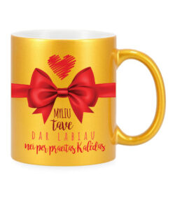 Auksinės spalvos keraminis puodelis su kalėdine spauda Didesnė meilė