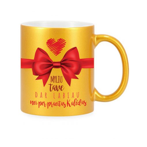 Auksinės spalvos keraminis puodelis su kalėdine spauda Didesnė meilė