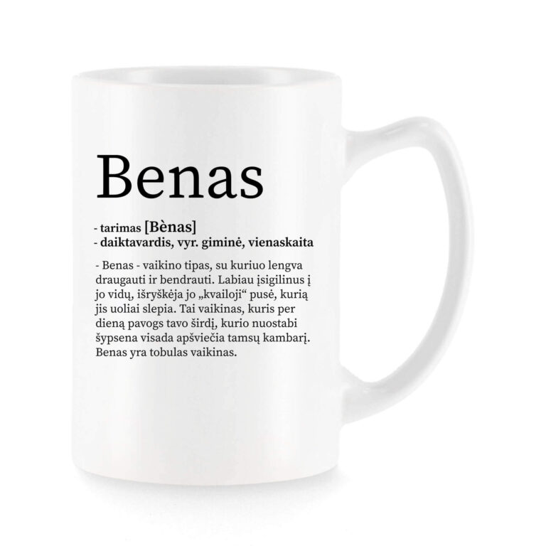 Baltas universalus puodelis su vardo improvizacija Benas