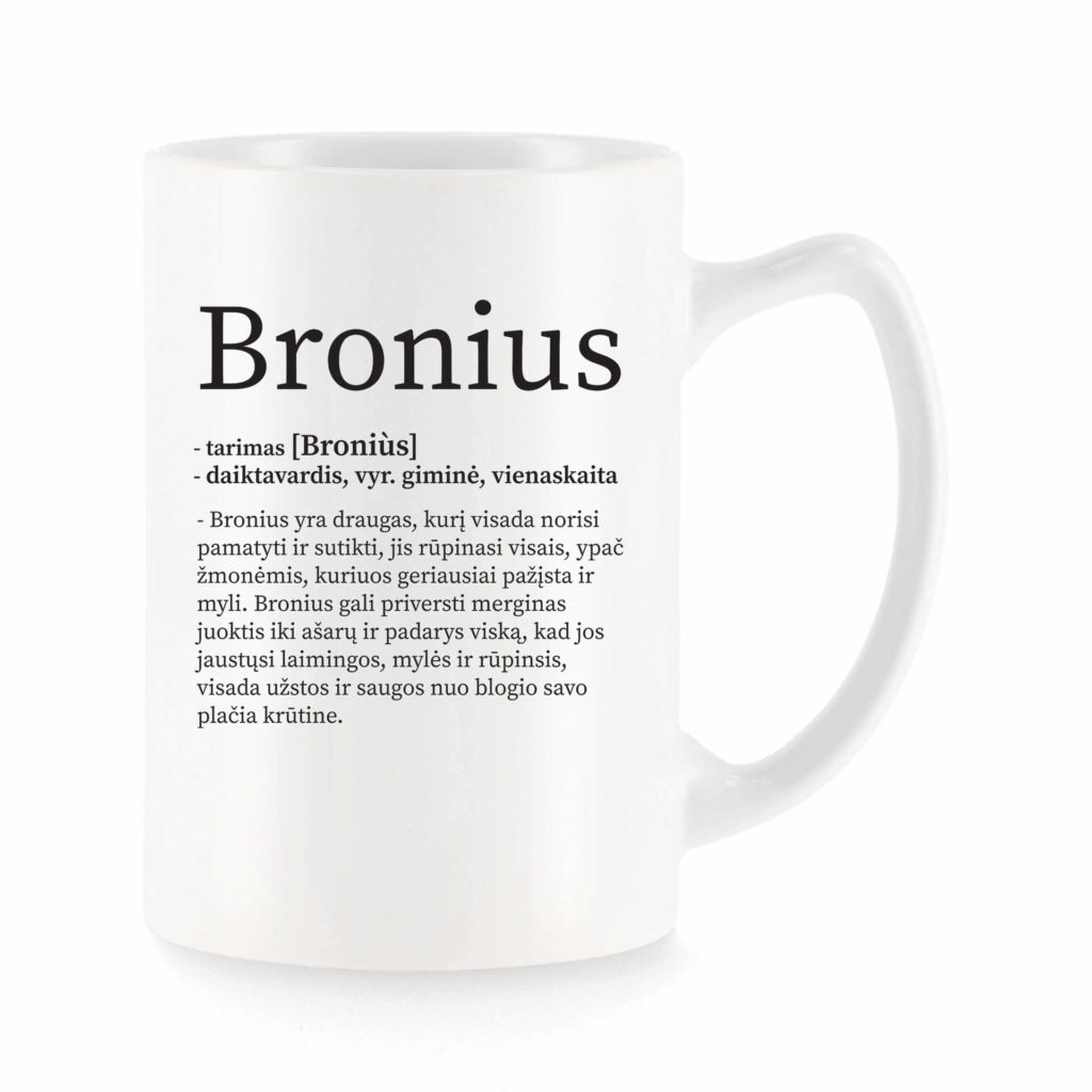 Baltas universalus puodelis su vardo improvizacija Bronius