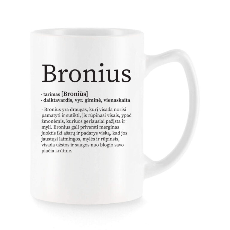 Baltas universalus puodelis su vardo improvizacija Bronius