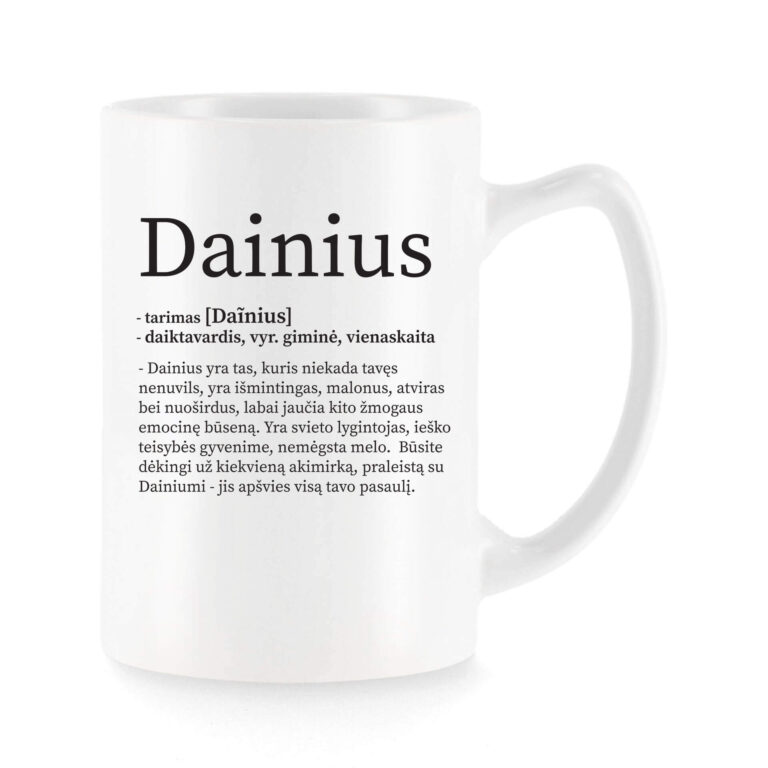 Baltas universalus puodelis su vardo improvizacija Dainius