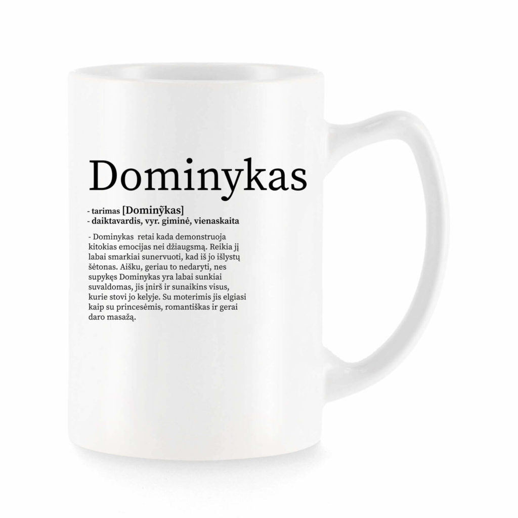 Baltas universalus puodelis su vardo improvizacija Dominykas