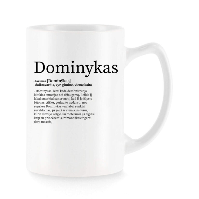 Baltas universalus puodelis su vardo improvizacija Dominykas