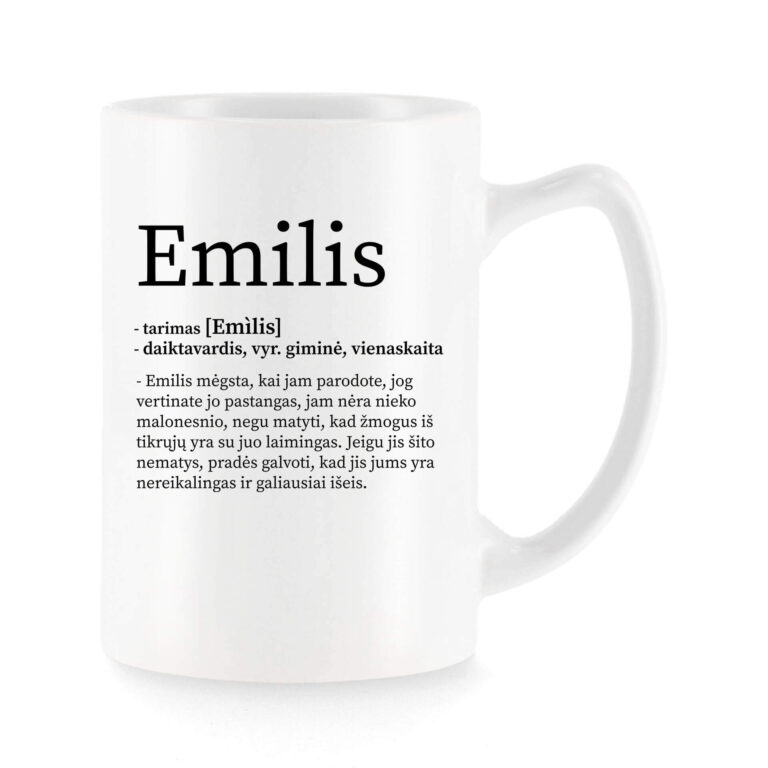 Baltas universalus puodelis su vardo improvizacija Emilis
