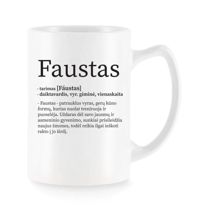 Baltas universalus puodelis su vardo improvizacija Faustas