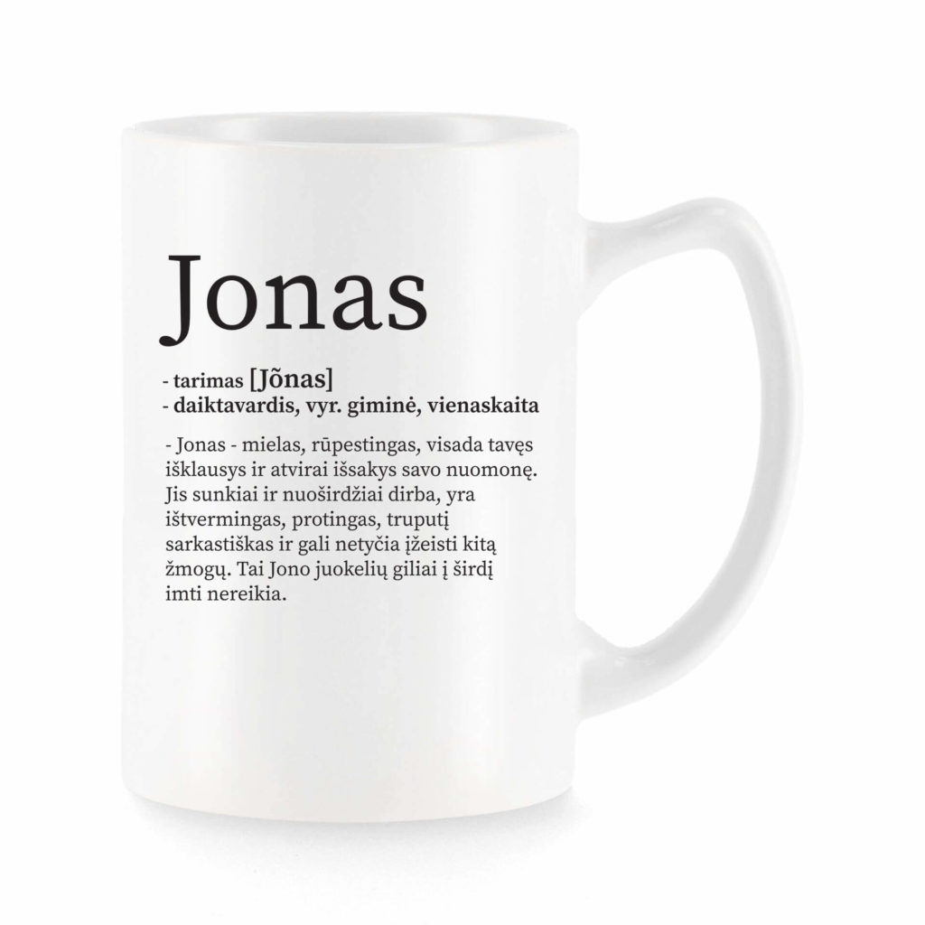 Baltas universalus puodelis su vardo improvizacija Jonas