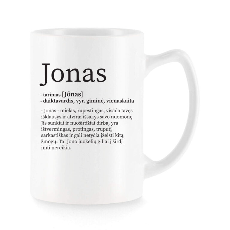 Baltas universalus puodelis su vardo improvizacija Jonas