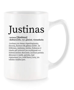 Baltas universalus puodelis su vardo improvizacija Justinas