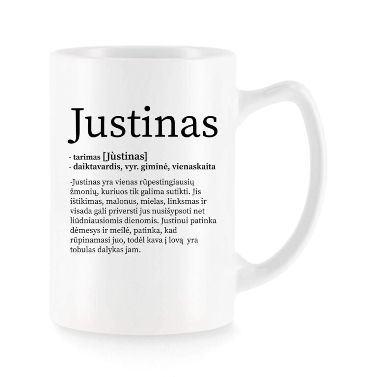 Baltas universalus puodelis su vardo improvizacija Justinas