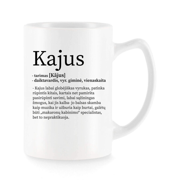 Baltas universalus puodelis su vardo improvizacija Kajus