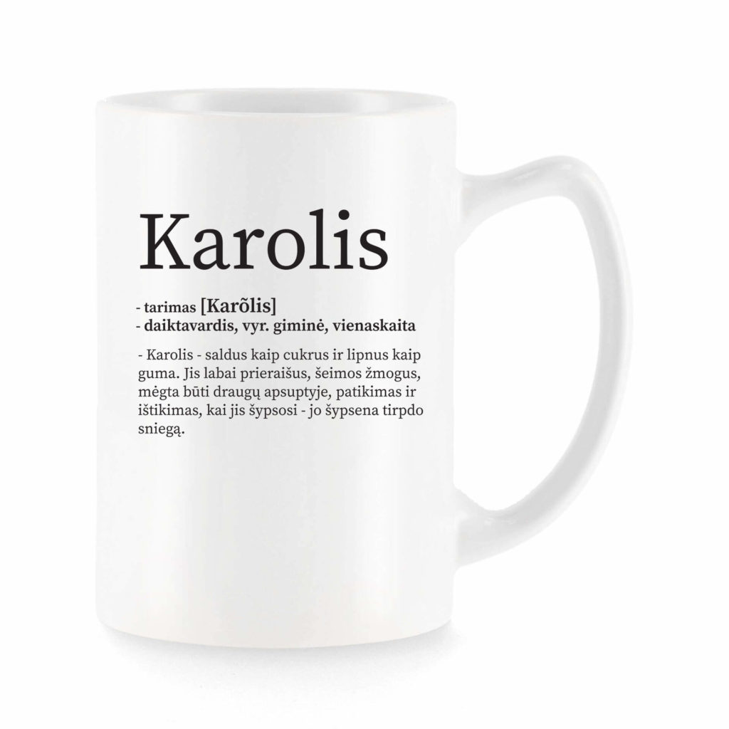 Baltas universalus puodelis su vardo improvizacija Karolis