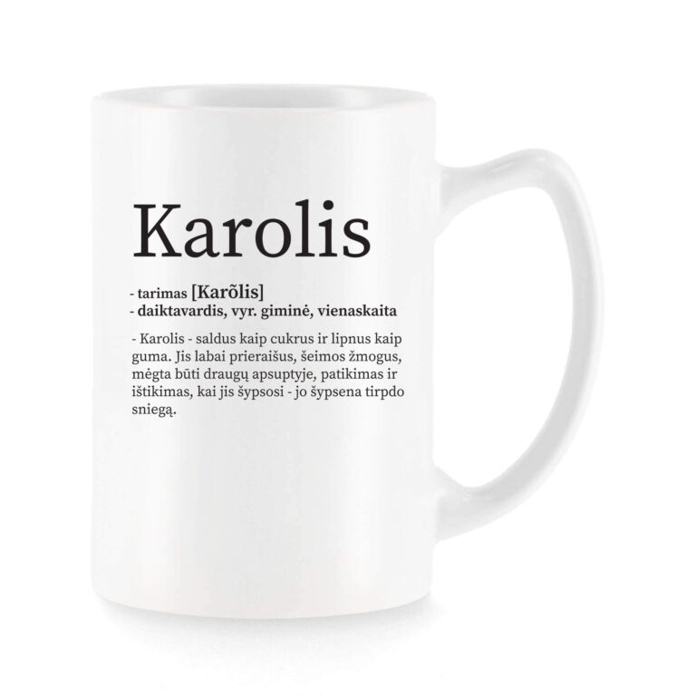 Baltas universalus puodelis su vardo improvizacija Karolis