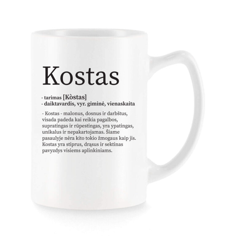 Baltas universalus puodelis su vardo improvizacija Kostas