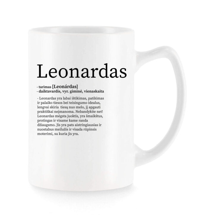 Baltas universalus puodelis su vardo improvizacija Leonardas