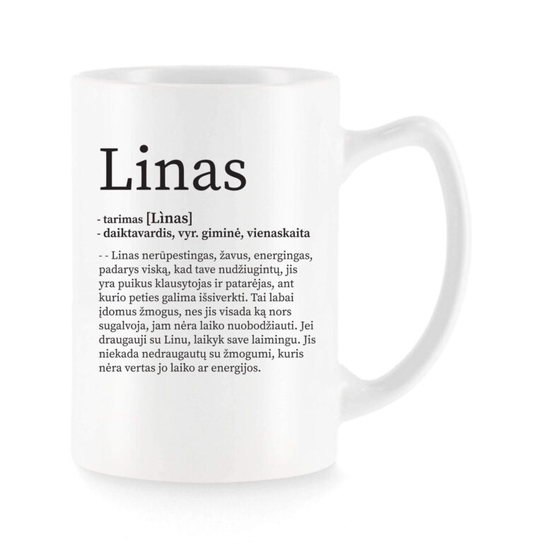 Baltas universalus puodelis su vardo improvizacija Linas