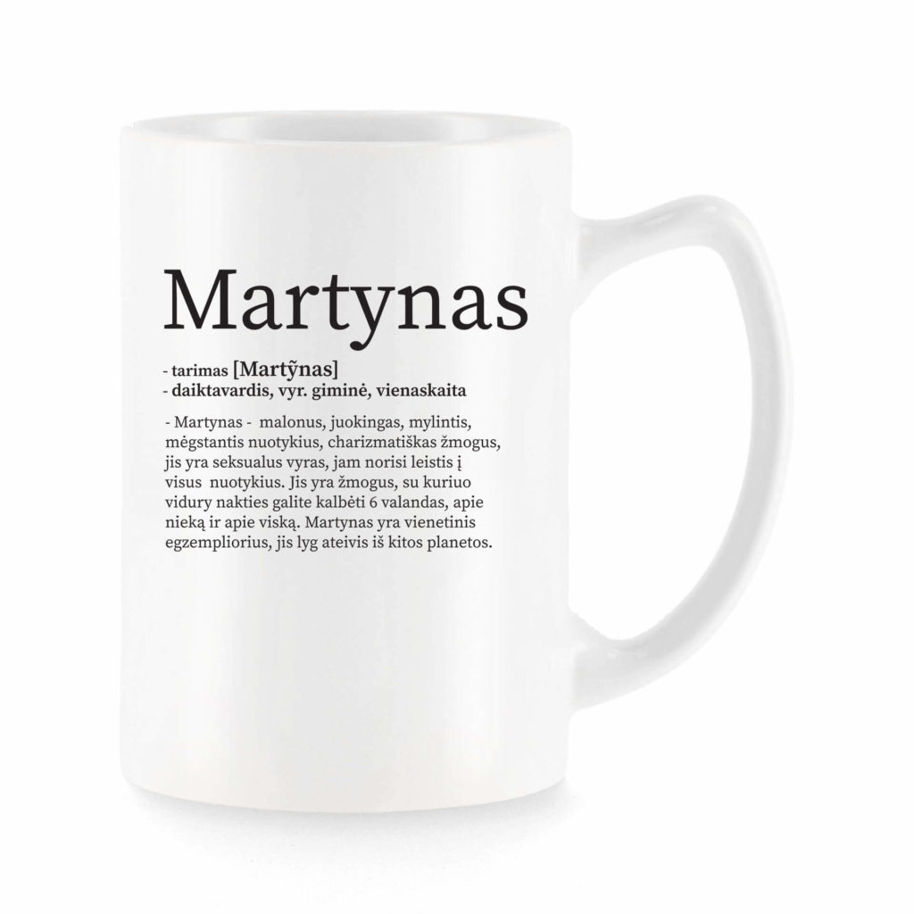 Baltas universalus puodelis su vardo improvizacija Martynas