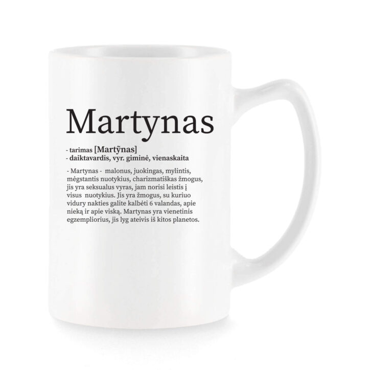 Baltas universalus puodelis su vardo improvizacija Martynas