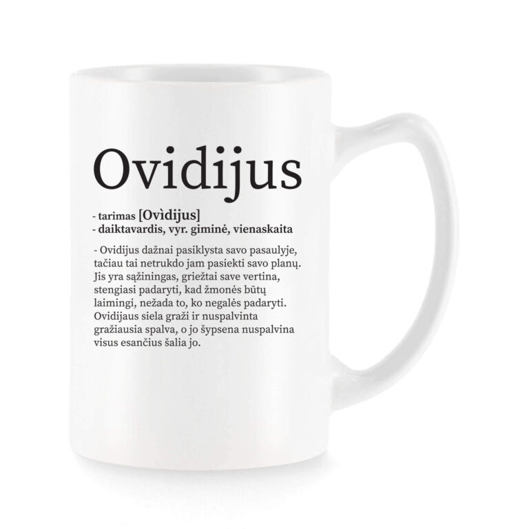 Baltas universalus puodelis su vardo improvizacija Ovidijus
