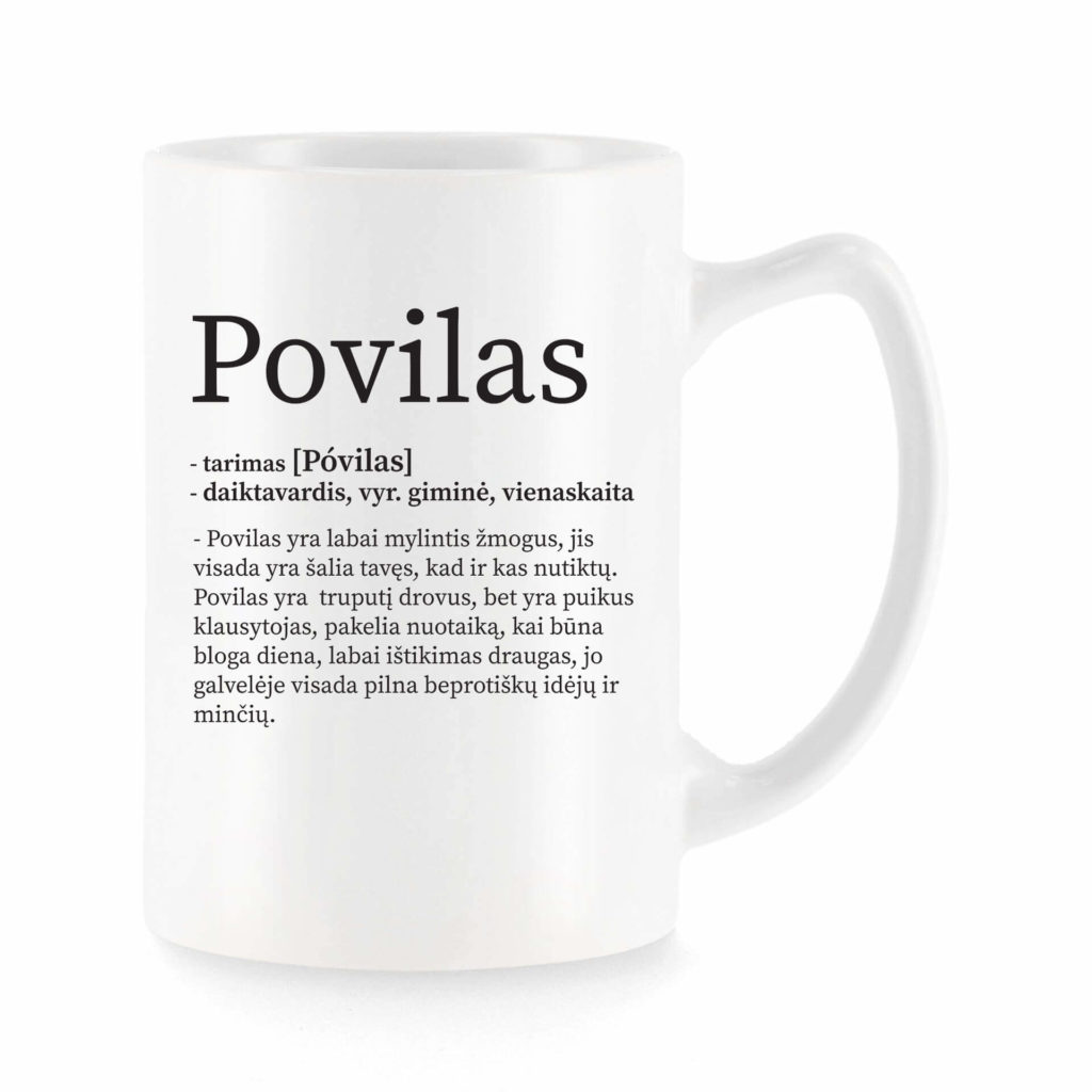 Baltas universalus puodelis su vardo improvizacija Povilas