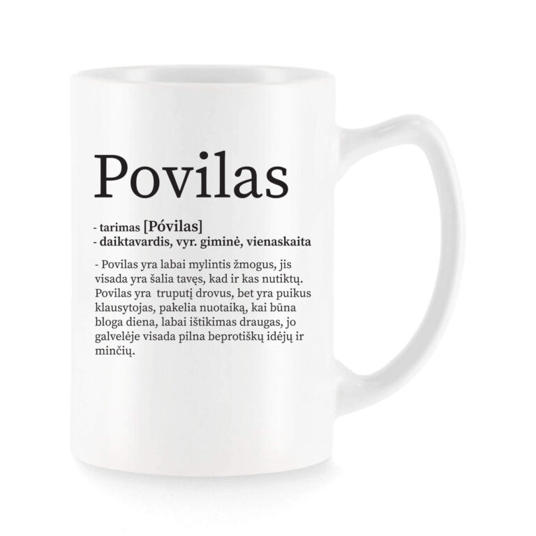 Baltas universalus puodelis su vardo improvizacija Povilas