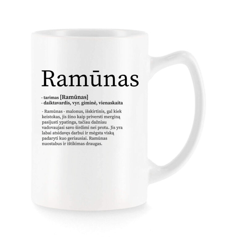 Baltas universalus puodelis su vardo improvizacija Ramūnas