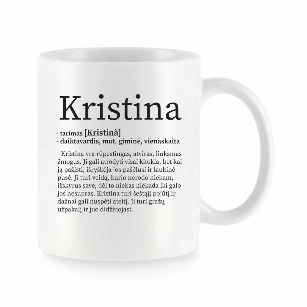 Baltas universalus puodelis su vardo improvizacija Kristina
