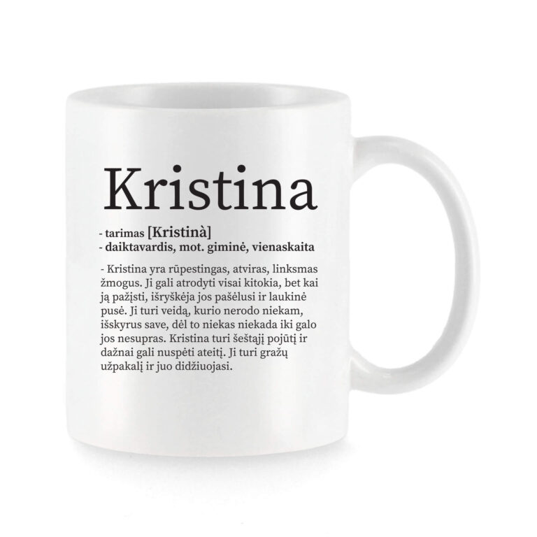 Baltas universalus puodelis su vardo improvizacija Kristina