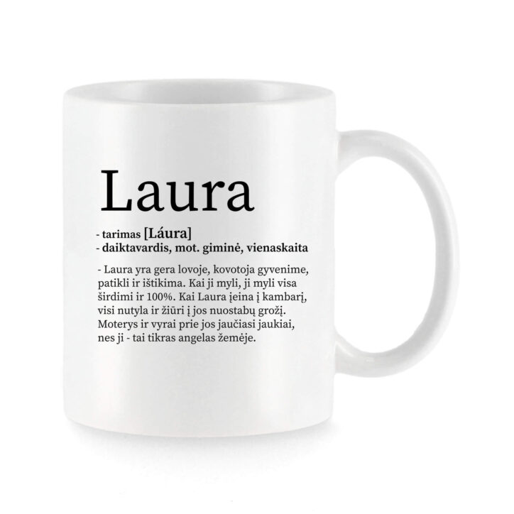 Baltas universalus puodelis su vardo improvizacija Laura