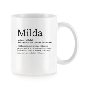 Baltas keraminis puodelis su vardu „Milda“ ir žaismingu vardo apibūdinimu